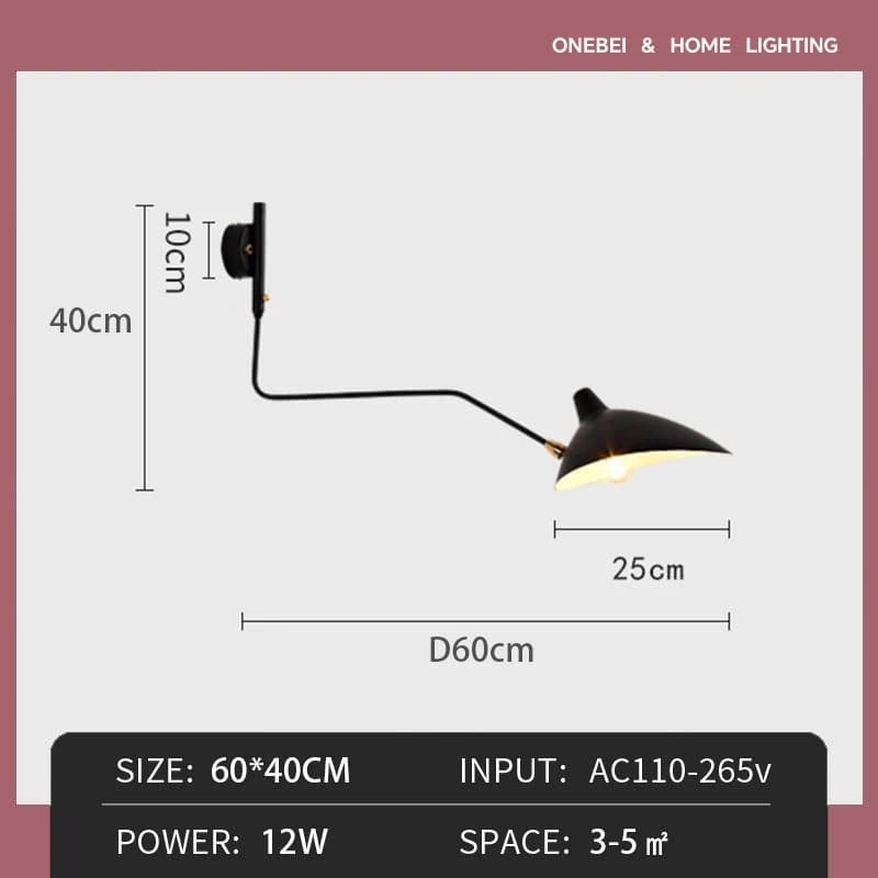 Lampe murale de designer italien, lampe murale noire avec bras long articulé, adaptée au salon, à la