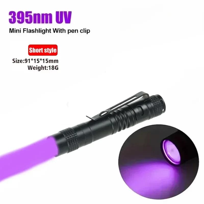 Lampe de poche UV 395nm, torche ultraviolette avec pince à stylo, lumière violette Portable, détecte