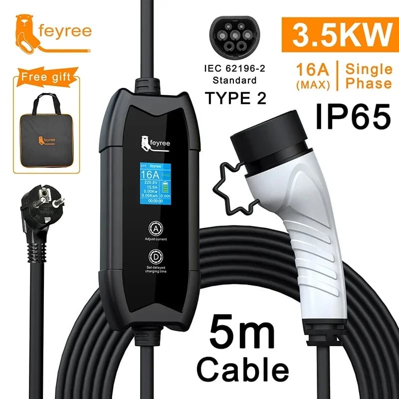 Chargeur EV Feyree Type 2 16A 3,5 kW, boîte de charge portable, câble de 5 m, prise GBT Type 1, adap