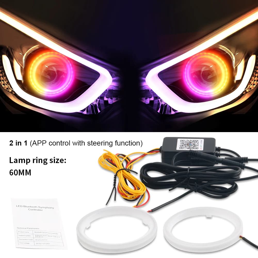 Anneaux DRL Halo 2 pièces Led Angel Eyes 60mm 70mm 80mm 90mm APP Bluetooth DRL phare avec clignotant