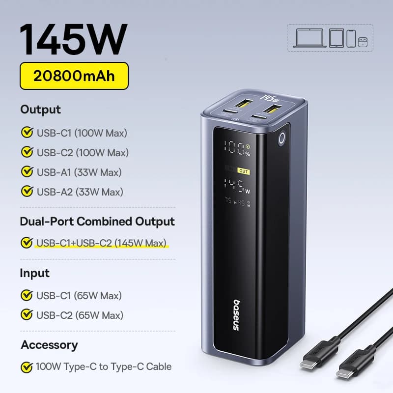 Baseus 145W batterie externe 20800mAh double USB A USB C PD 100W charge rapide affichage numérique P