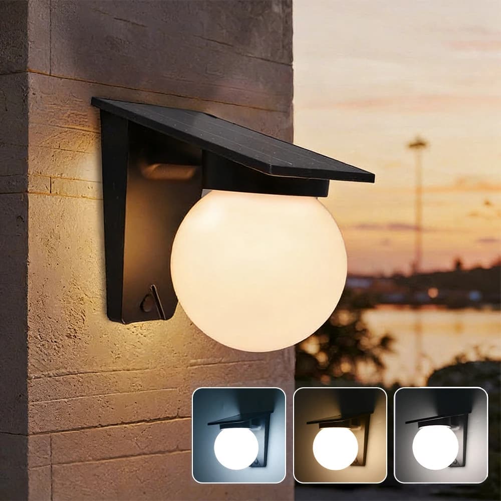 Lampe solaire d'extérieur 10W, lampe murale sphérique LED tricolore, étanche IP65, pour porche, terr