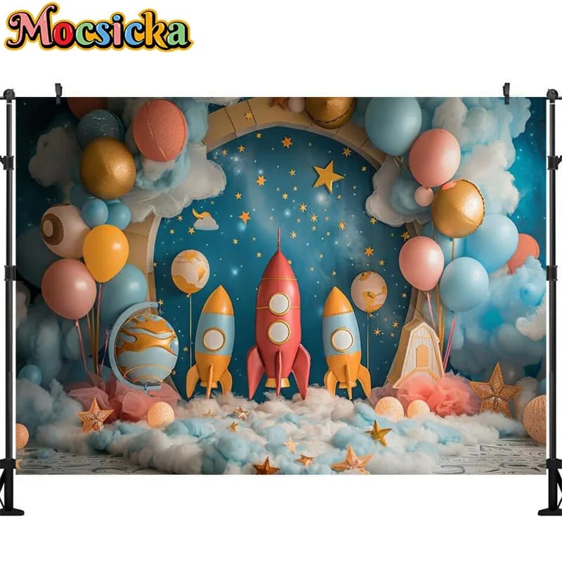 Ballons de fond de photographie d'astronome de l'espace, décoration de toile de fond de thème de pla