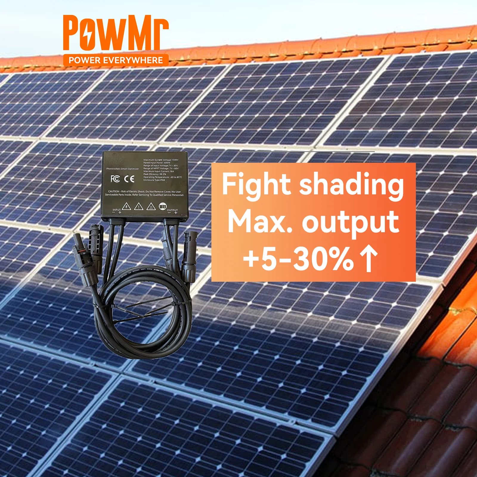 PowMr – optimiseur de puissance PV 600W 60V, panneau solaire IP67, moniteur en temps réel, détection