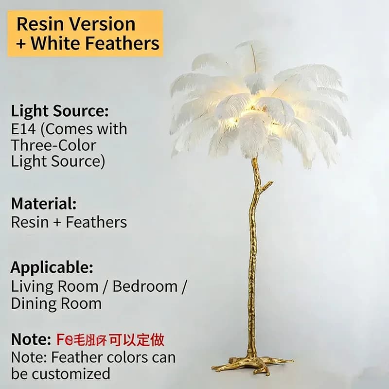 Lampe sur pied à plumes d'autruche LED, style nordique, base en résine et cuivre, pour la décoration