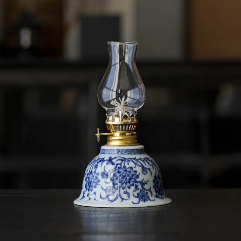 Lampe à pétrole rétro florale dessinée à la main, grande capacité, en céramique, style chinois, pour