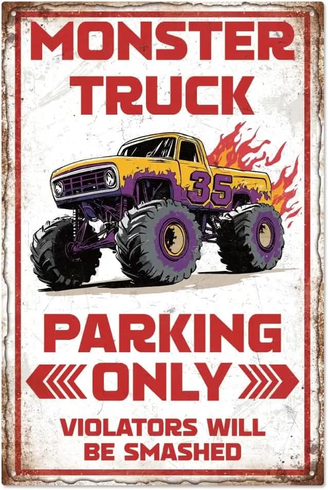 Panneau en métal vintage Monster Truck 7,9x11,8 pouces, panneau métallique « Parking exclusif Monste