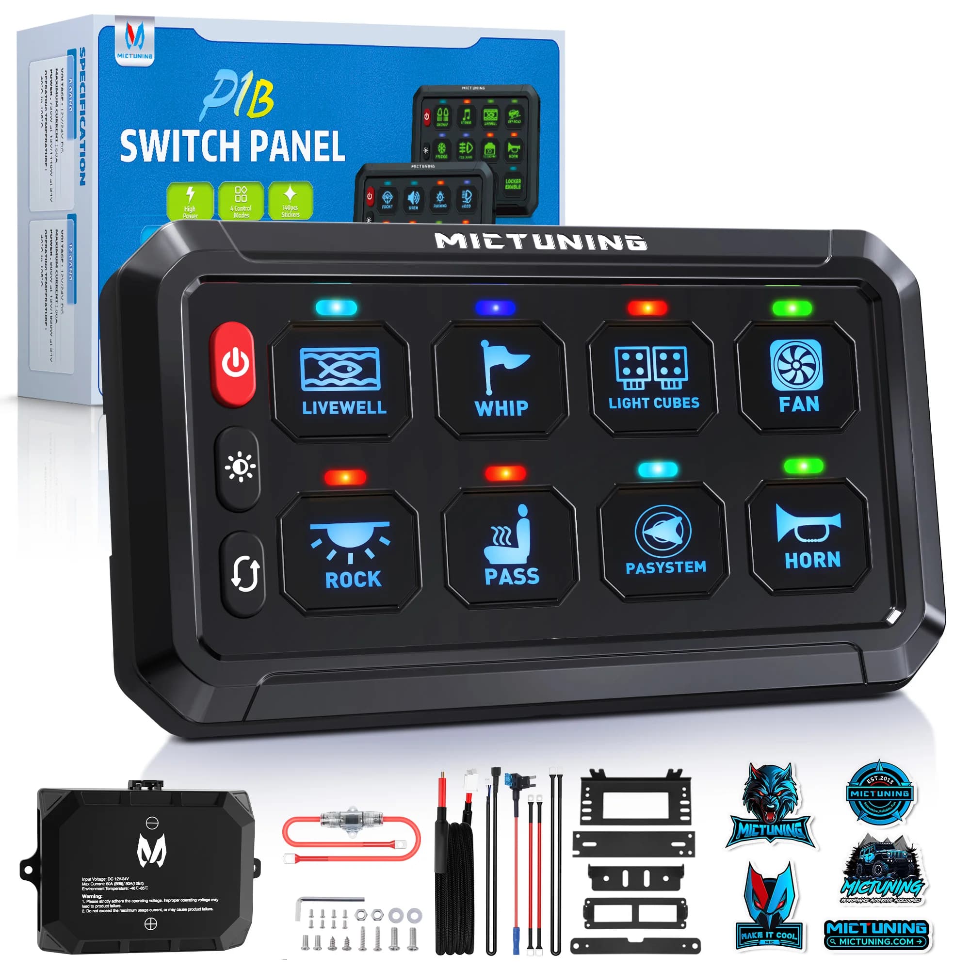 MICTUNING P1B Panneaux de commutation couleur RVB et bleu monochrome, 8 voies et 12 voies, interrupt