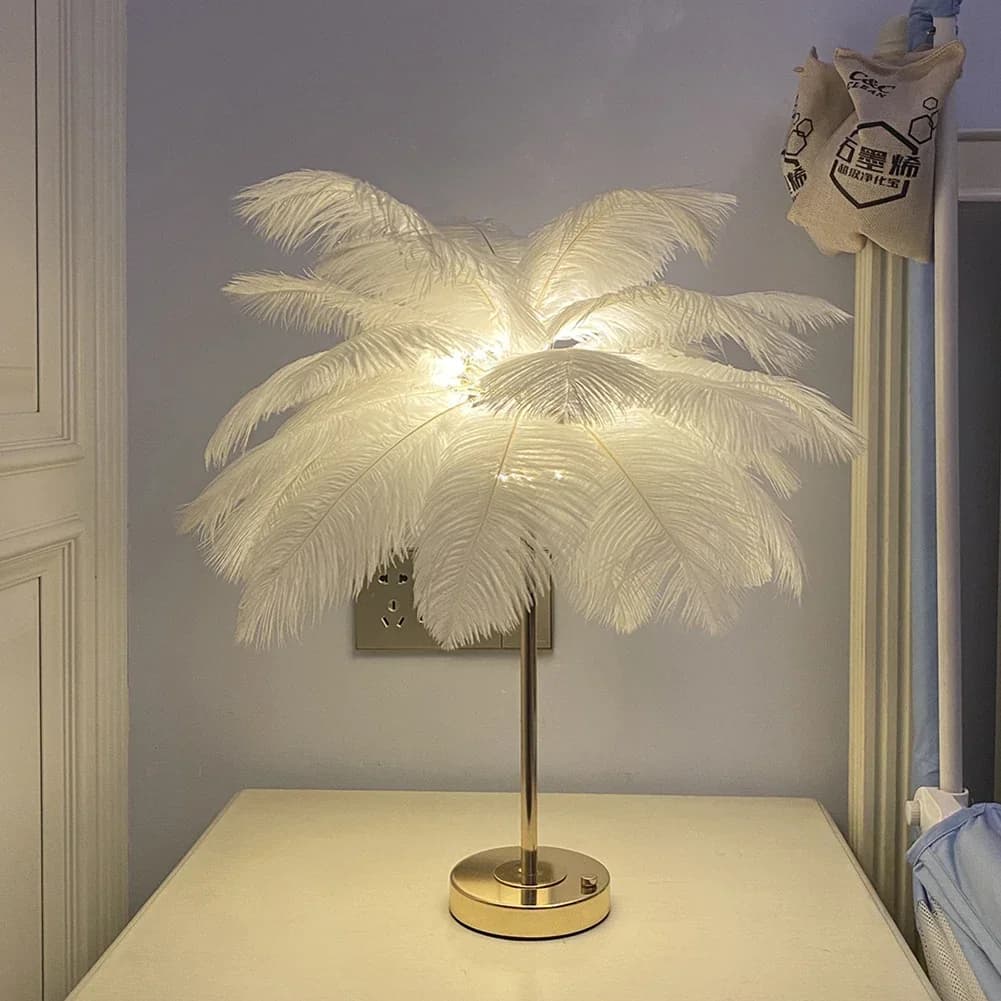 Lampe de chevet Portable en plumes d'autruche, Rechargeable, créative, nordique, romantique, veilleu