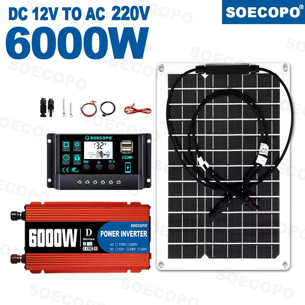 Kit solaire SOECOPO 6000W Peak avec panneau flexible 600W, contrôleur 100A 12V/24V, onduleur 650W 11