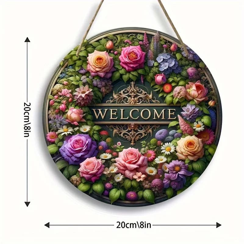 1 panneau de bienvenue en fleurs neuves, une étiquette ronde suspendue en bois pour la décoration de