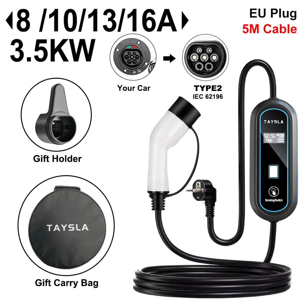 TAYSLA-Chargeur de voiture électrique portable EV, 3,5 KW, 16A, câble de 5m, type 2, type 1, 80V-260