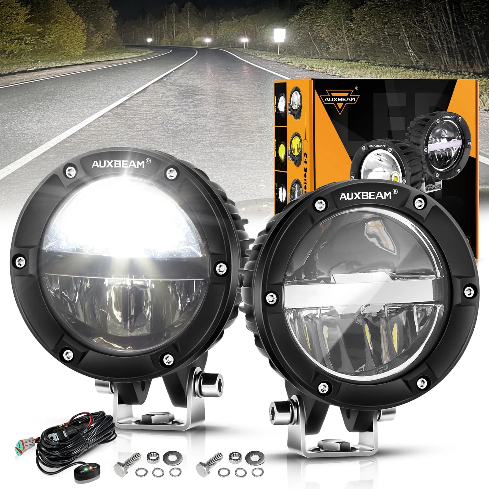 AUXBEAM-Lampe de travail LED blanche avec fil, antibrouillard de conduite, DRL ambre, faisceau haut 