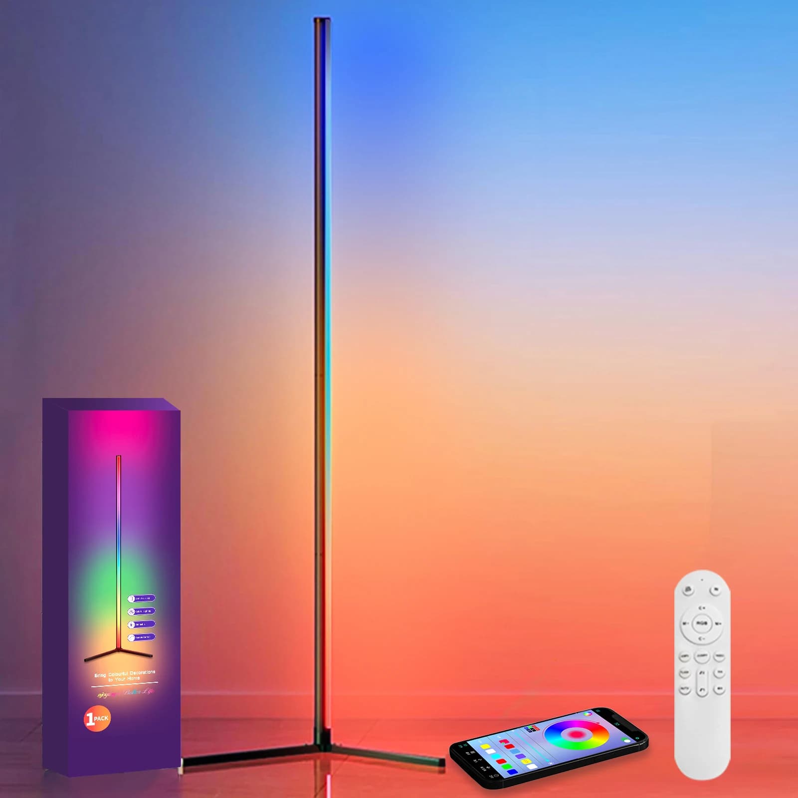 Lampadaire LED 2 pièces/1 pièce, lampe d'angle RGB 160CM/63 pouces fonctionne avec APP/télécommande,