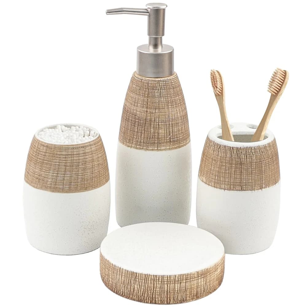 Ensemble d'accessoires de salle de bain en céramique marron et blanc, 4 pièces, comprenant un porte-