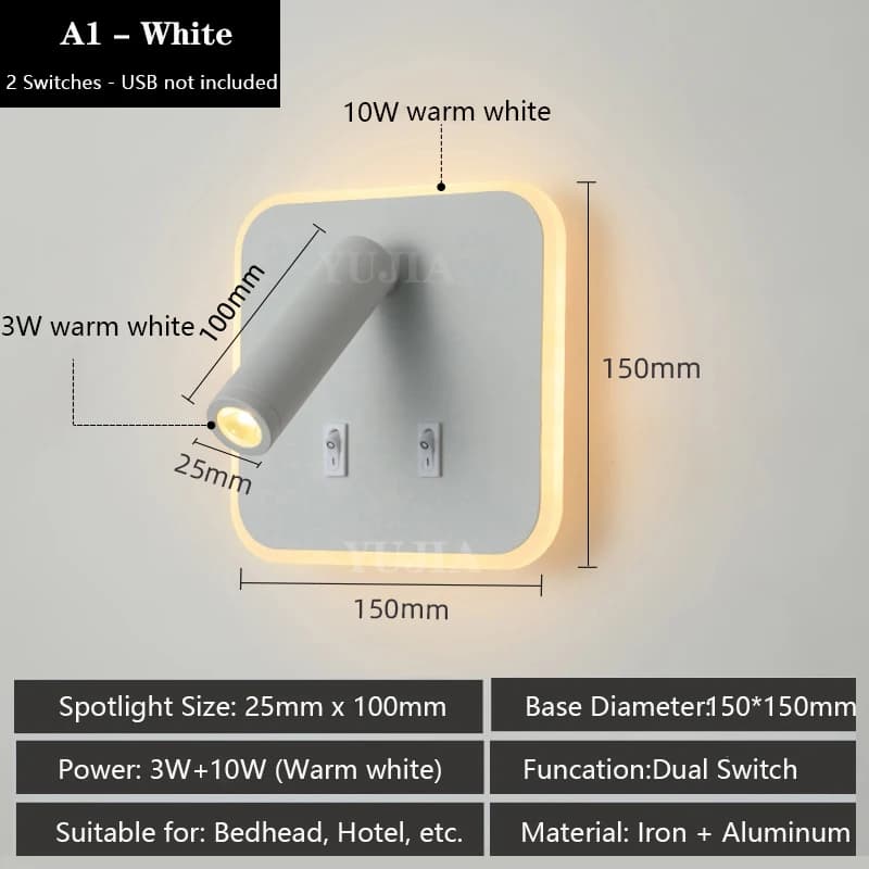 Applique murale LED multifonctionnelle contemporaine avec interrupteur, lampe de lecture réglable mo