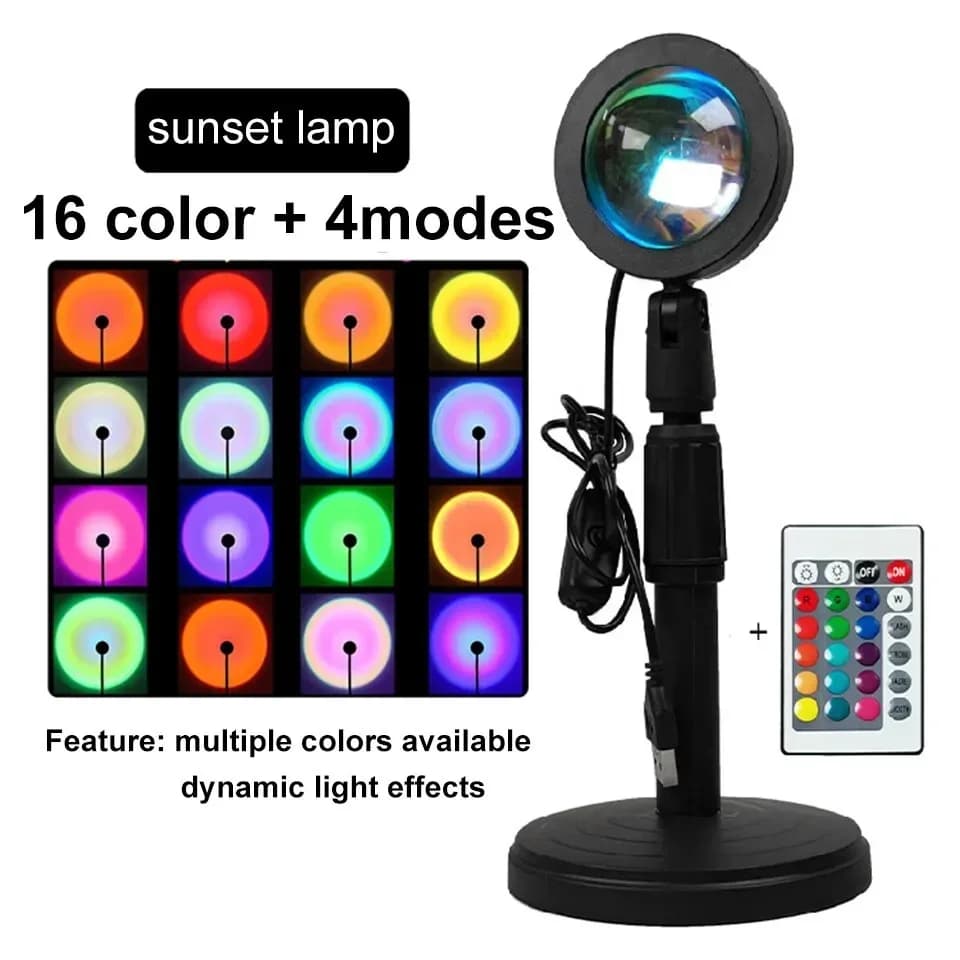 Lampe de coucher de soleil USB projecteur LED veilleuse réglable 16 couleurs télécommande atmosphère