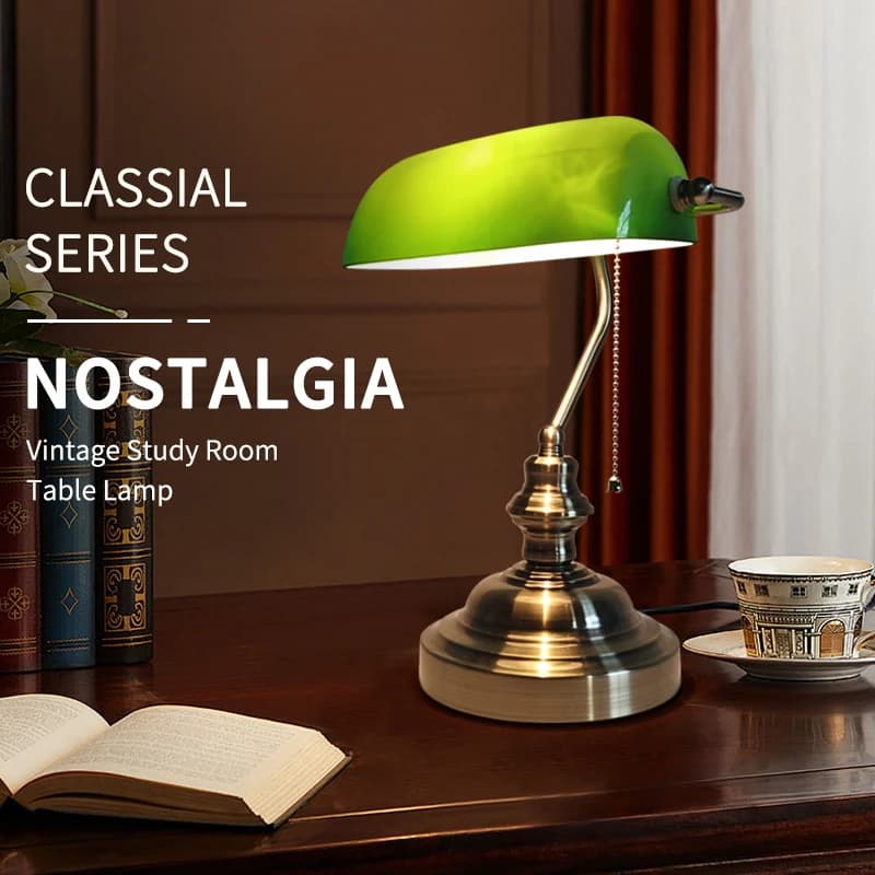 Lampe de bureau vintage en verre vert avec interrupteur à chaîne, lampe de table E27 pour bureau, ch