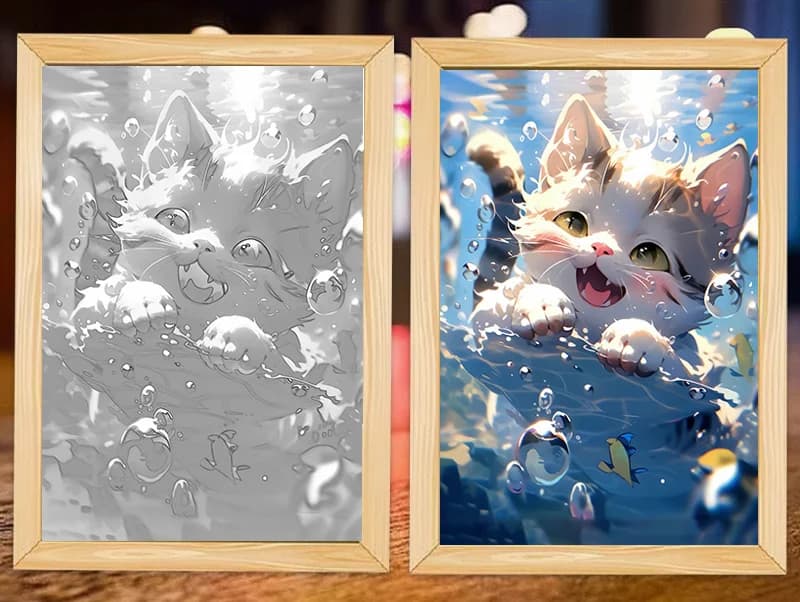 Chat mignon Kawaii animaux de compagnie lumière peinture cadre photo Led veilleuse lune lampe chambr