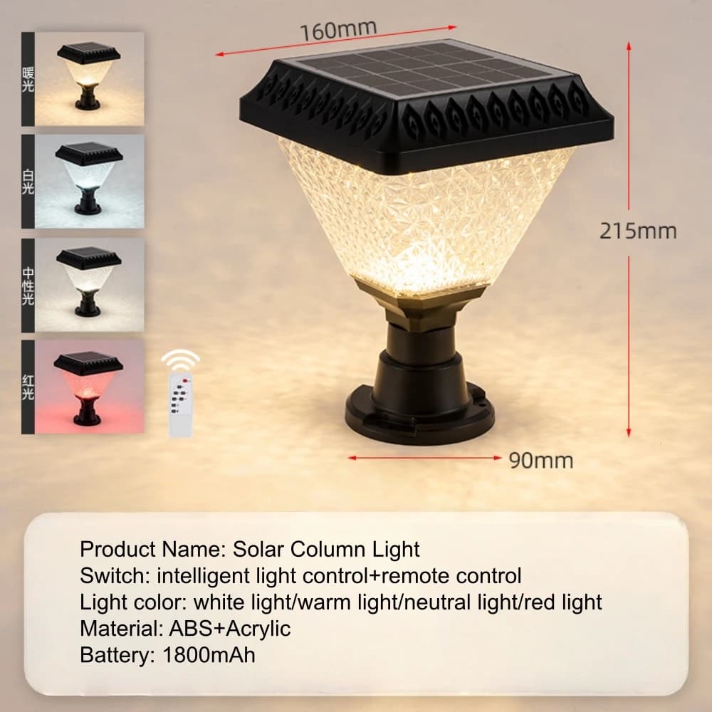 Lampe solaire à pilier, lampe de poteau extérieure, lampe de colonne solaire étanche du crépuscule à