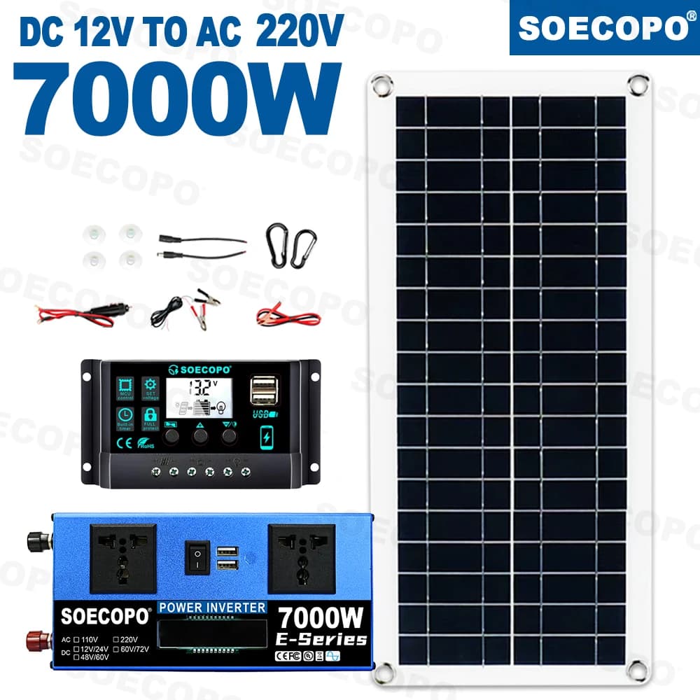 Kit Système Solaire SOECOPO 7000W Double Tension avec Onduleur 12V vers 110V/220V, Panneau 200W et C
