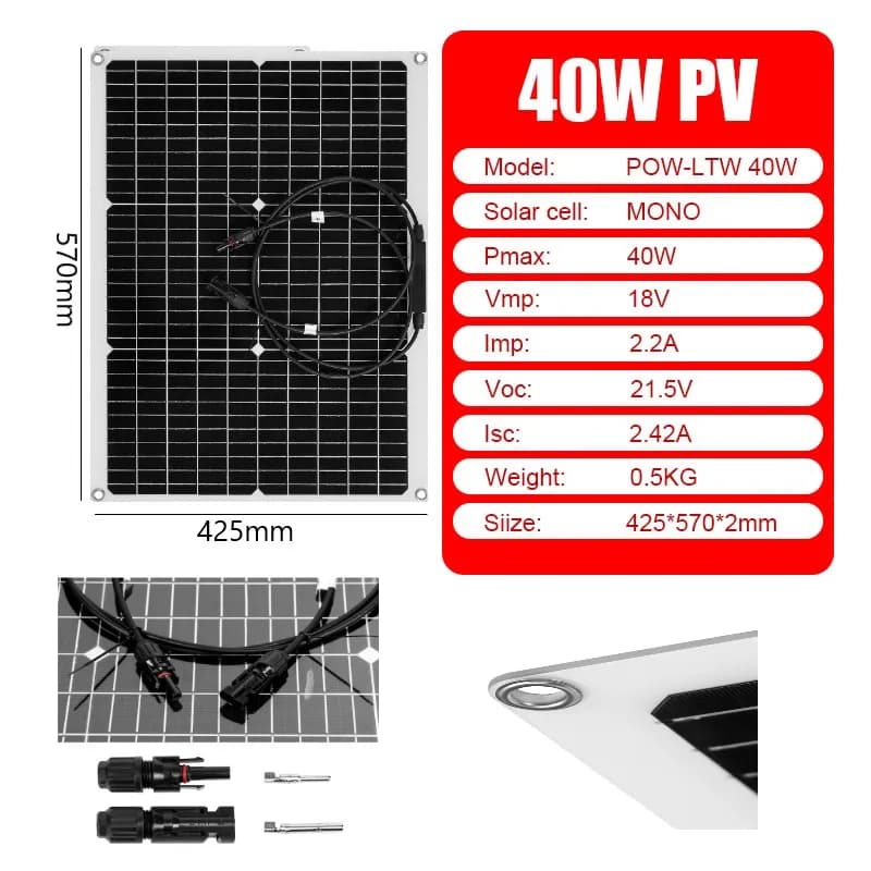 PowMr 40W panneau solaire 12V Kit de panneau solaire Flexible complet Portable batterie solaire Char