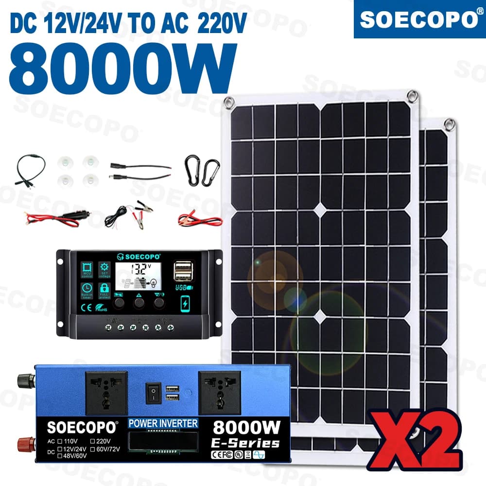 Kit Système Solaire Complet Intelligent 8000W (Valeurs Maximales) à Installation Facile, 2 Panneaux 