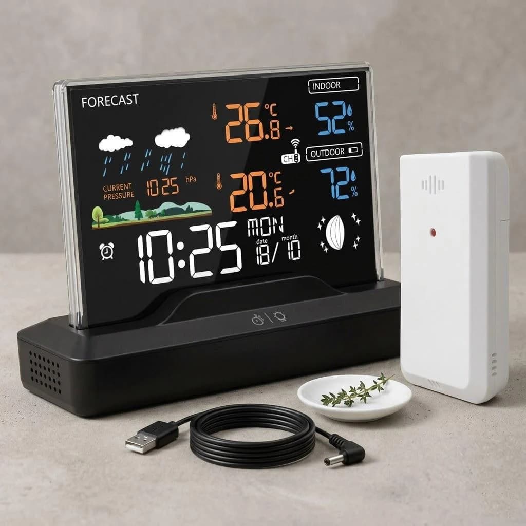 Station météo sans fil avec écran couleur, thermomètre intérieur/extérieur, hygromètre numérique, ba