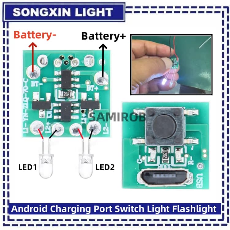 SAMIROB – lampe de poche à lumière forte, accessoires Android Micro/type-c, port de chargement, inte