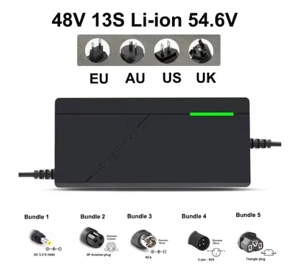 Chargeur 54,6V 2A 3A 5A pour batterie 13S 48V, charge rapide 5A, courant et tension constants, arrêt