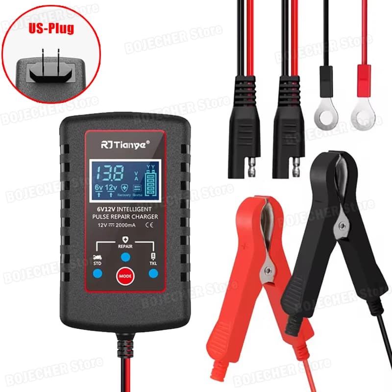 Chargeur de batterie au plomb intelligent 6V 12V 2A, pour voiture, Moto, tondeuse à gazon, tracteur,