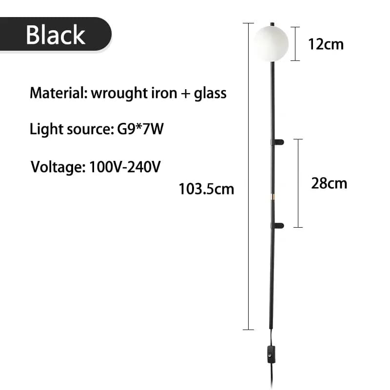 Applique Murale Moderne à Long Poteau, Boule de Verre Blanc Laiteux, Lampe à Bras Long, Minimaliste,