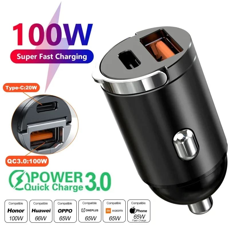 Mini chargeur de voiture 100W PD QC à chargement rapide avec anneau de traction, adaptateur USB C po