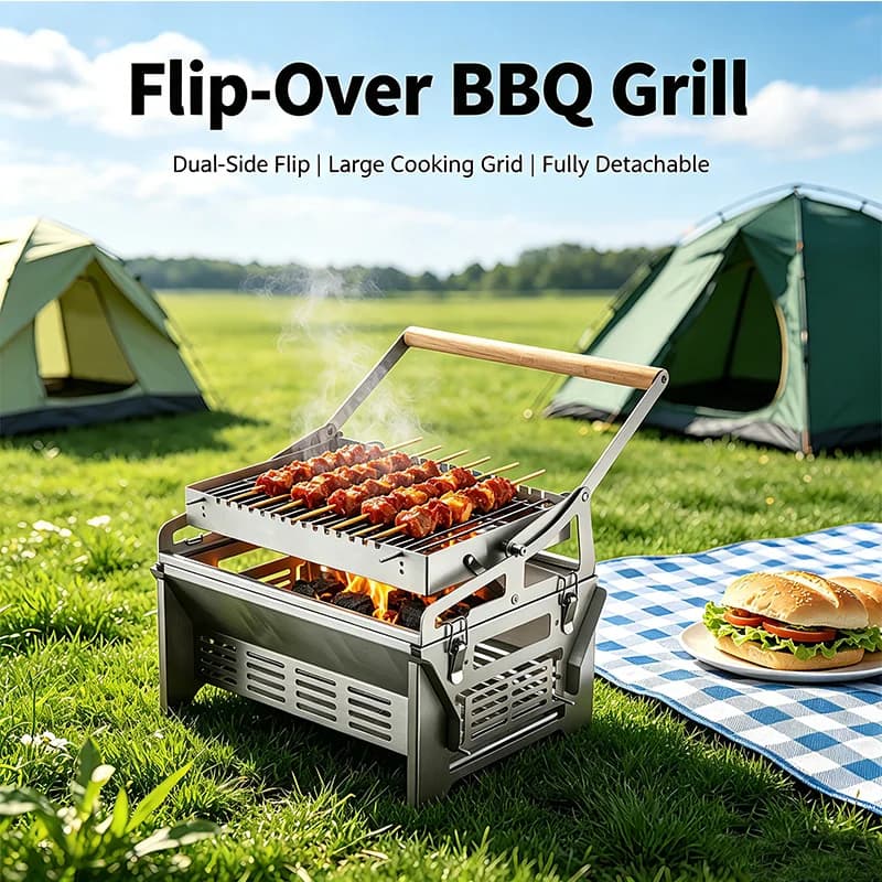 Grill de Barbecue à charbon de bois à rabat, gril à mailles rotatif détachable pour l'extérieur, Kip
