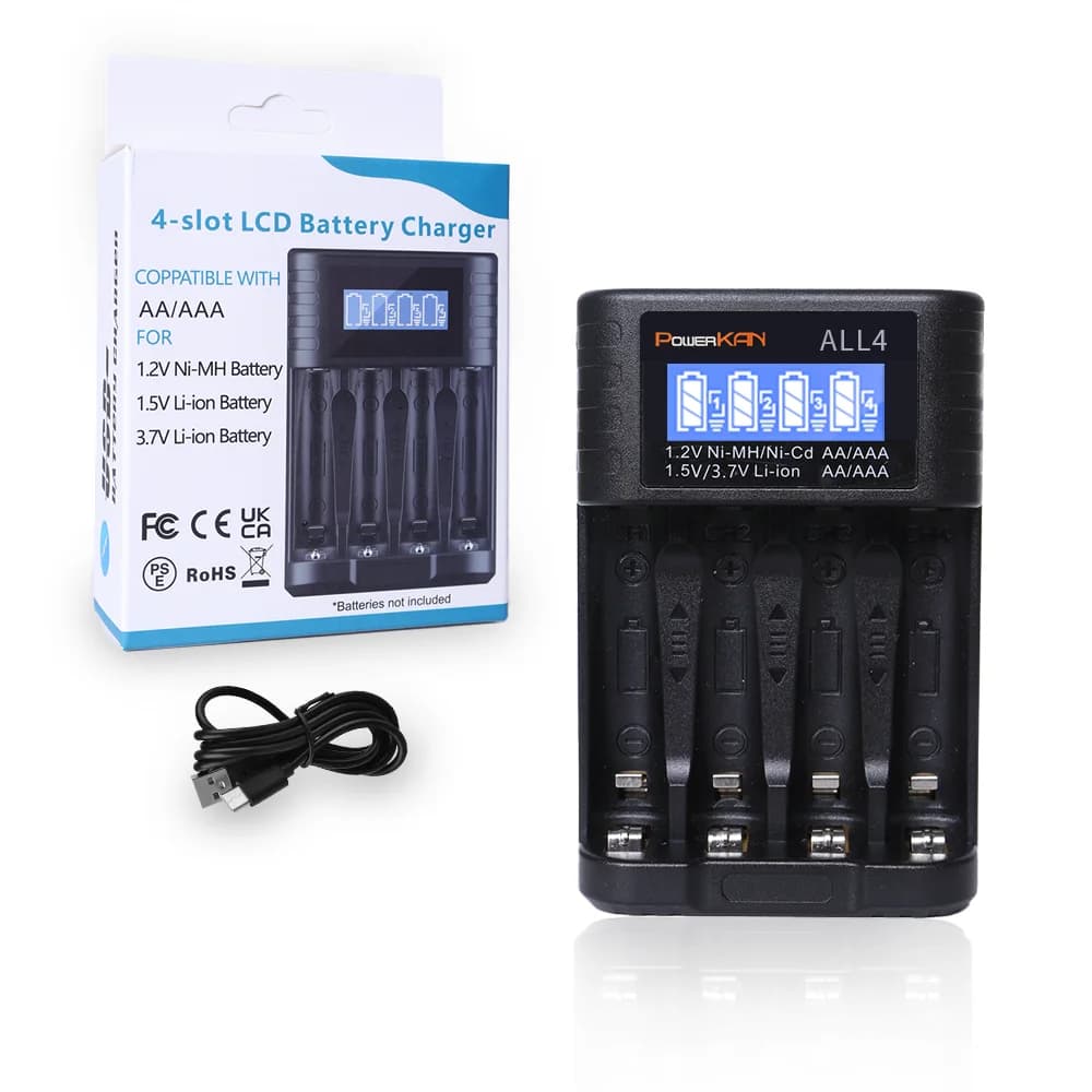 POWERKAN ALL4 AA/AAA 4 emplacements petit chargeur de batterie pratique pour 1.2V Hi-MH et 1.5V/3.7V