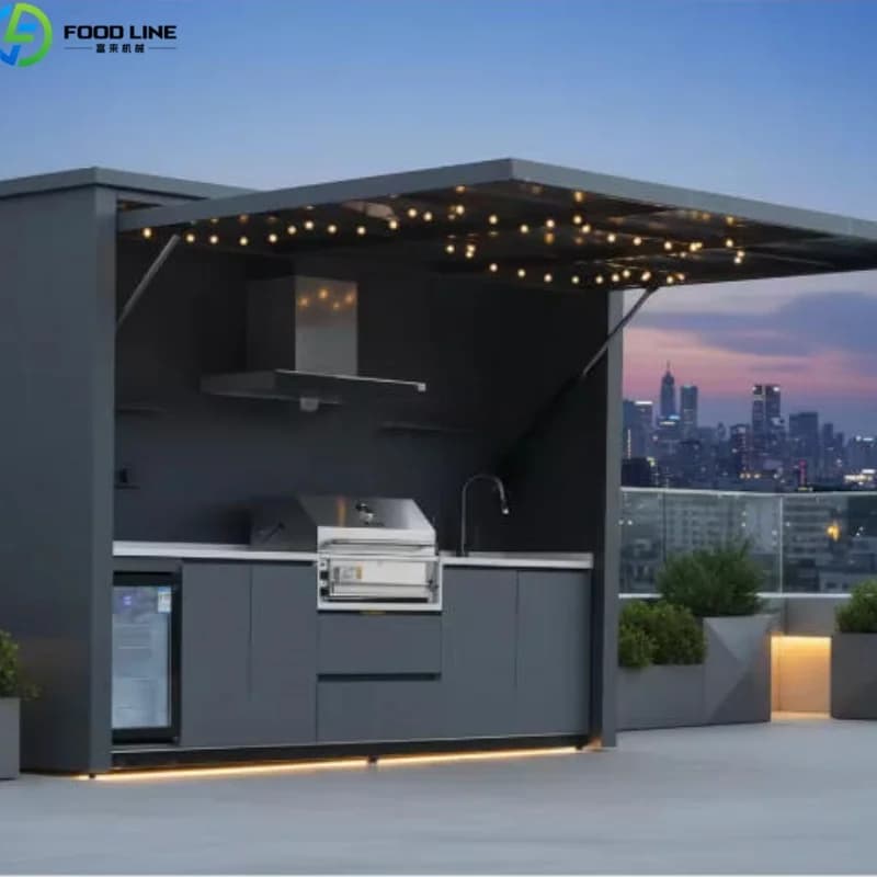 Cuisine extérieure moderne, armoires modulaires, plan de travail en acier inoxydable, station barbec