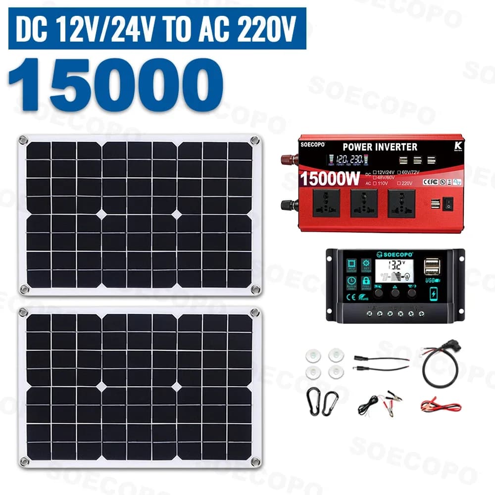 SOECOPO 15000W Kit solaire 2*500W panneaux photovoltaïques 12V à 110V 220V onduleur 100A contrôleur 