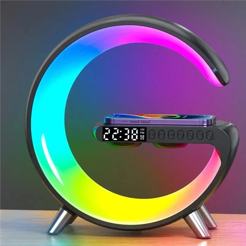 Support de chargeur sans fil, réveil, haut-parleur Bluetooth, lampe LED, veilleuse RVB pour iPhone 1