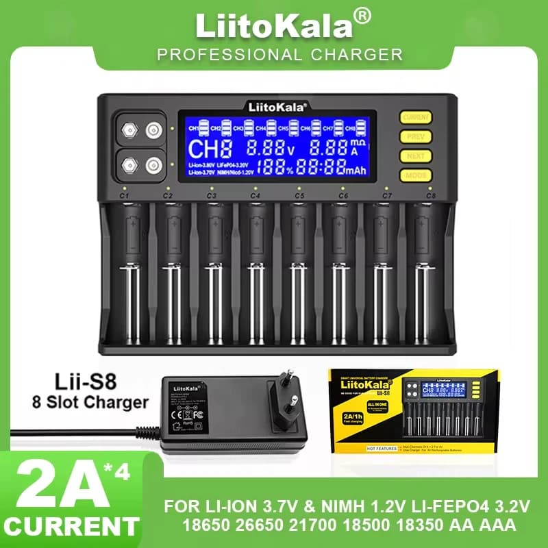 LiitoKala Lii-S8 8-Slot Smart Universal Battery Charger – 2A Fast Charging for Li-ion 3.7V/3.8V/LiFe