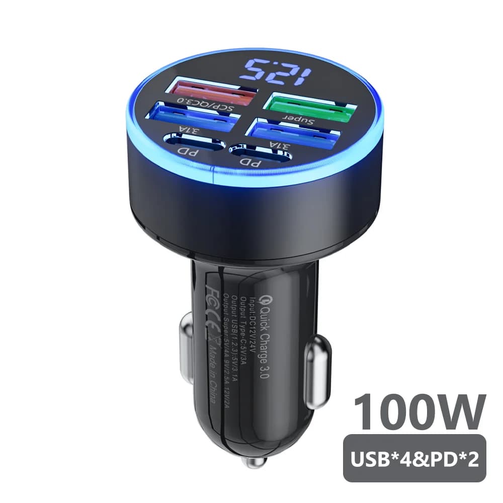 Chargeur de voiture 100W 6 ports, charge rapide, 4USB 2PD type C, adaptateur de chargeur de téléphon