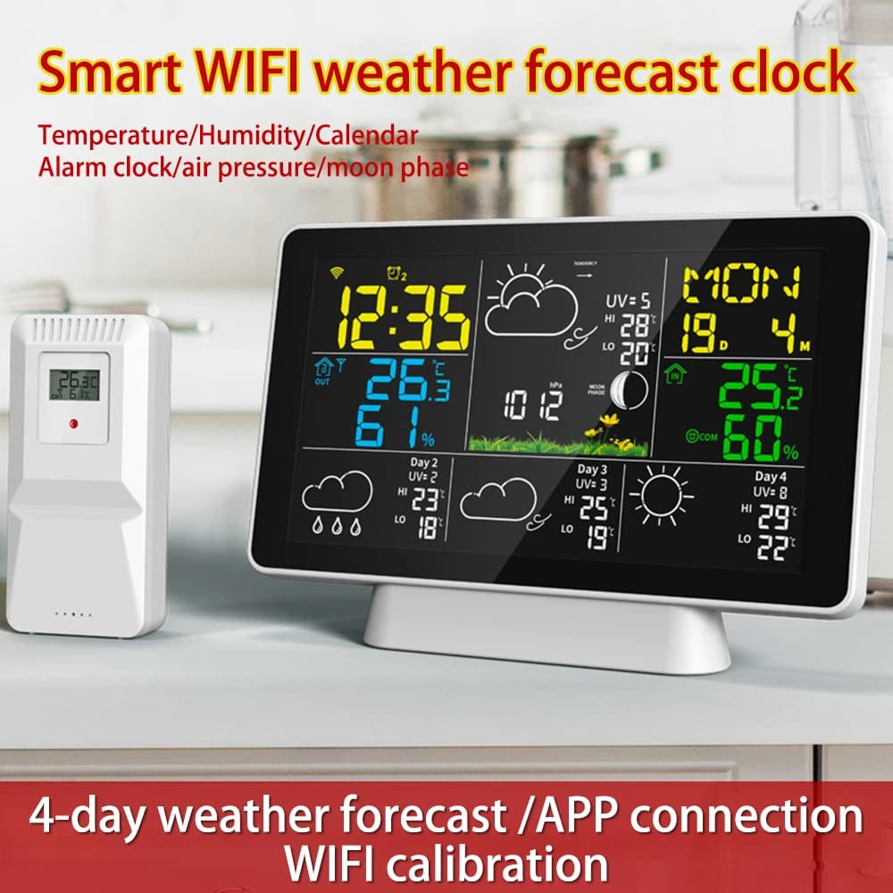 Horloge météo intelligente Tuya WiFi, station météo de prévision 4 jours, écran LCD pour documents, 