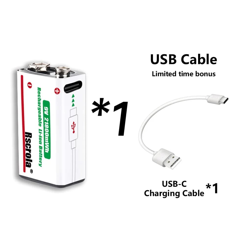 Batterie Rechargeable 9V Charge USB-C, batterie Li-Ion 9V longue durée de 1800mWh avec câble gratuit