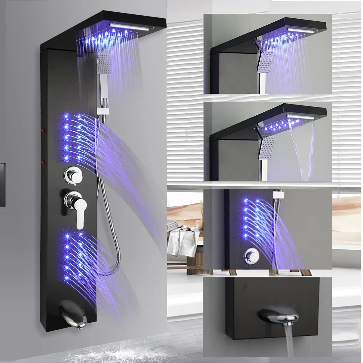 ZAPPO système de tour de panneau de douche avec pomme de cascade de pluie LED système de Jets comple