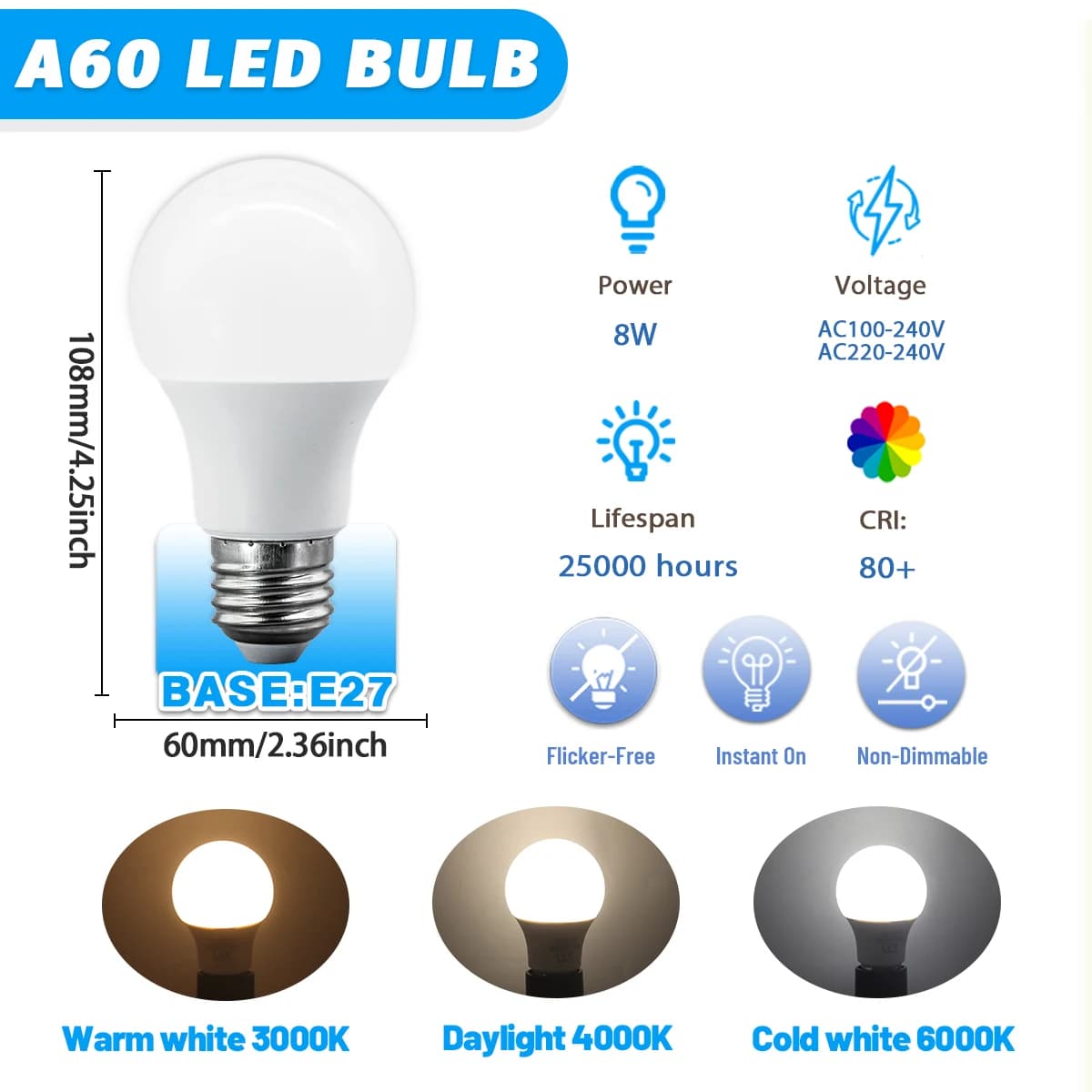 Ampoule LED E27 24W 20W 18W 15W 12W 10W 9W 8W, puissance réelle, A60-A80, pour chambre et maison