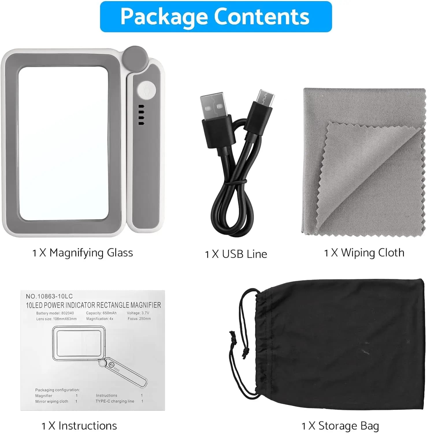 Loupe grossissante 4X avec lumières LED, loupe USB rechargeable, loupe de lecture portable avec écla