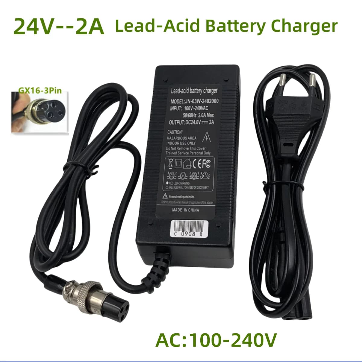 Chargeur de batterie au plomb 24V 2a, pour fauteuil roulant, chariot de golf, connecteur à 3 broches