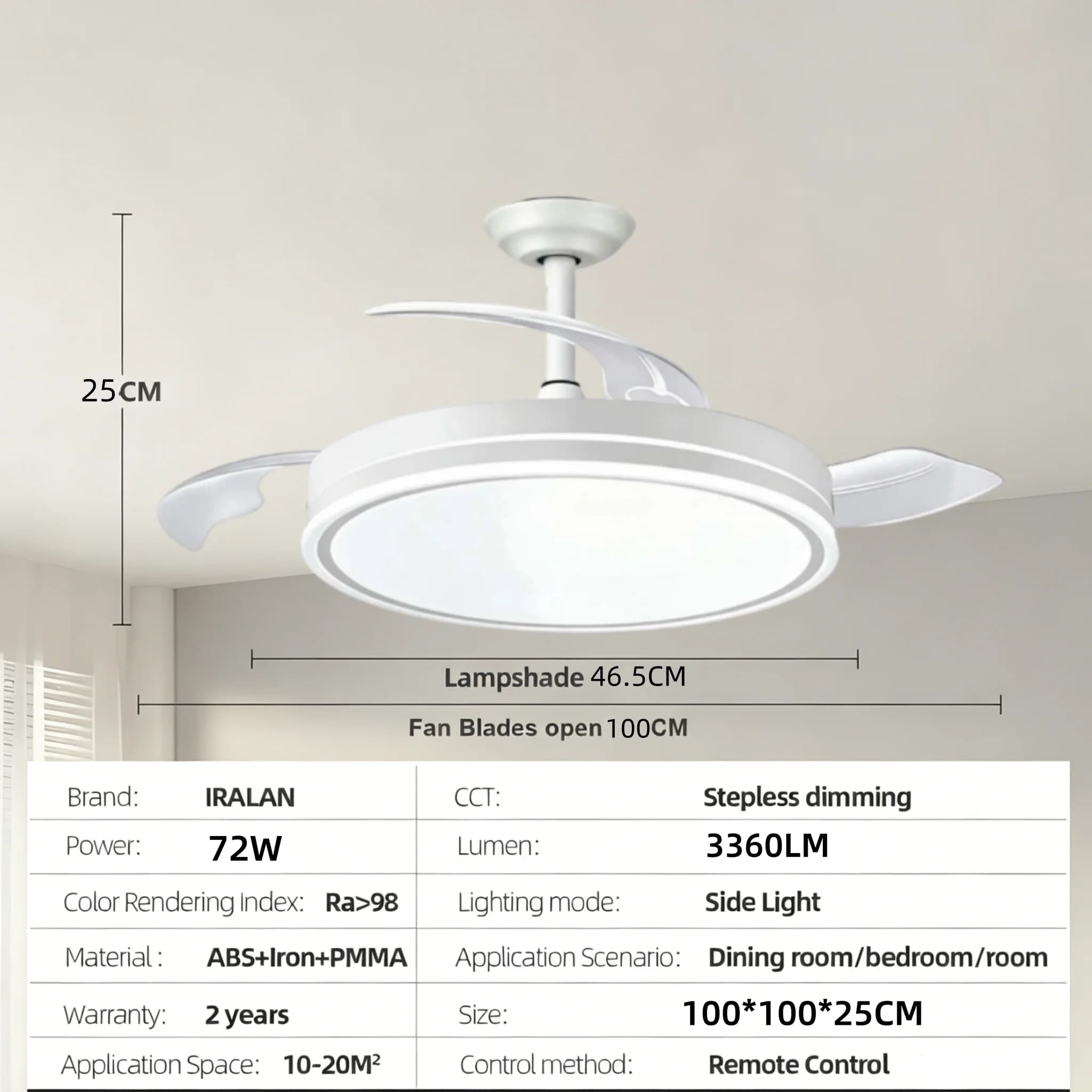Ventilateur de plafond IRALAN avec éclairage LED, 6 vitesses, minuterie, télécommande, variateur d'i