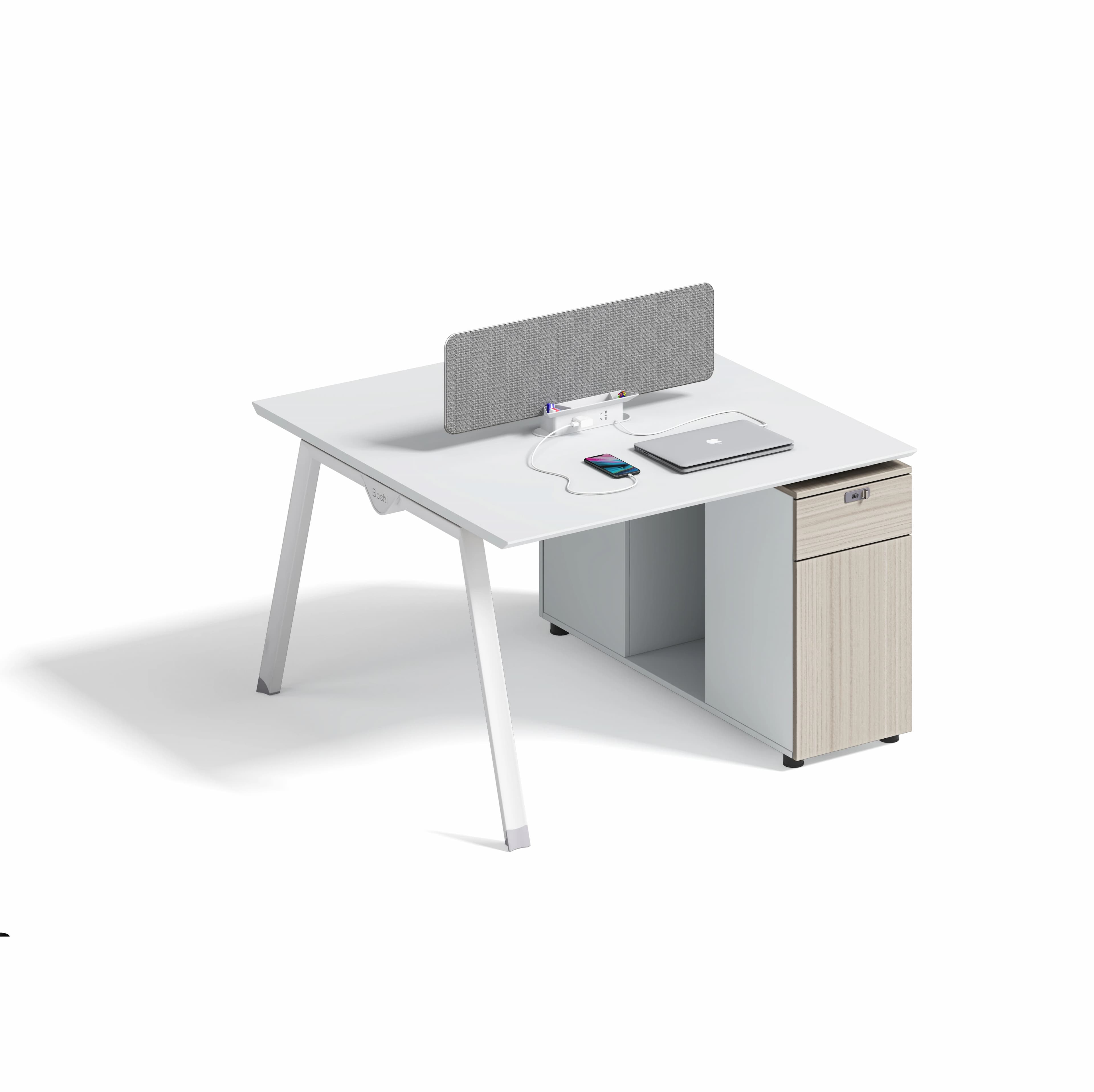 Bureau d'ordinateur de bureau en bois blanc à 4 places, poste de travail à 2 places