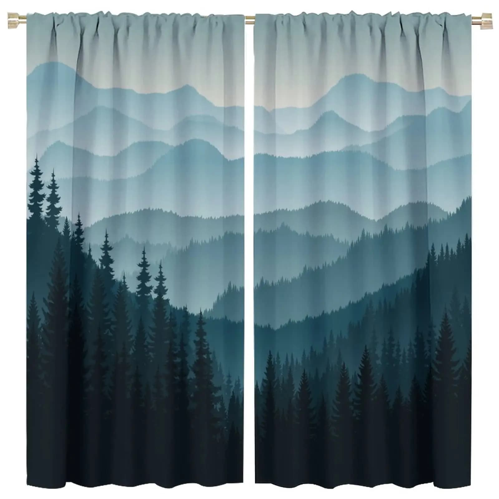 Rideaux occultants Forêt Brumeuse, motif paysage forestier bleu rustique avec arbres, pour chambre d