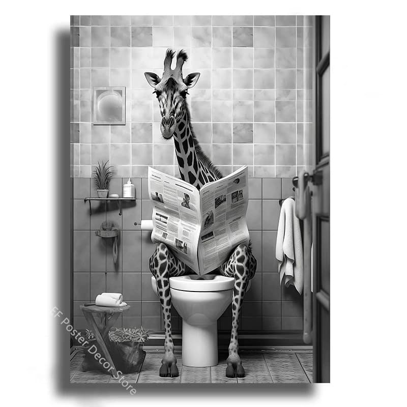 Affiche drôle d'humour de salle de bain, Animal assis sur la toilette, lecture d'un nouvel an, peint